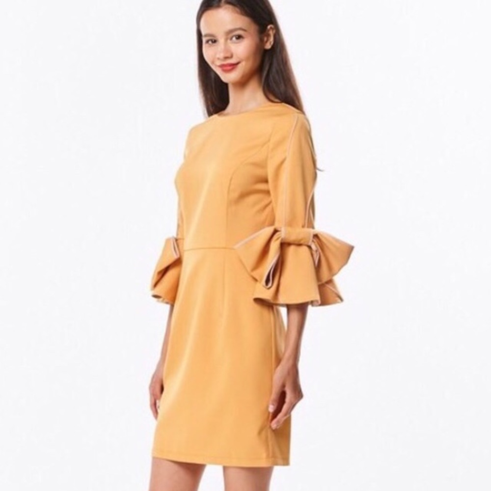 Women's Mustard Midi Dress with Statement Bow Sleeves